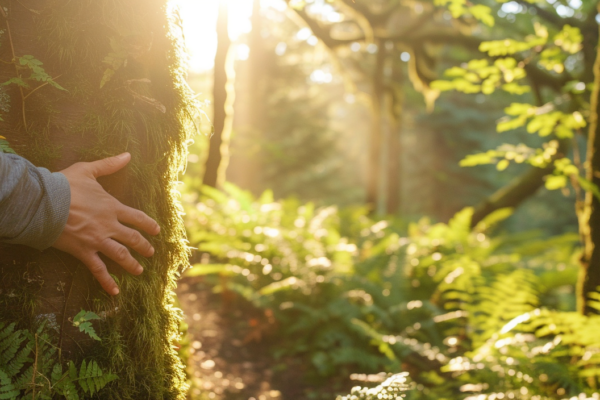 Personne posant la main sur un arbre en forêt, lumière du matin, illustration de l'article Vertiges